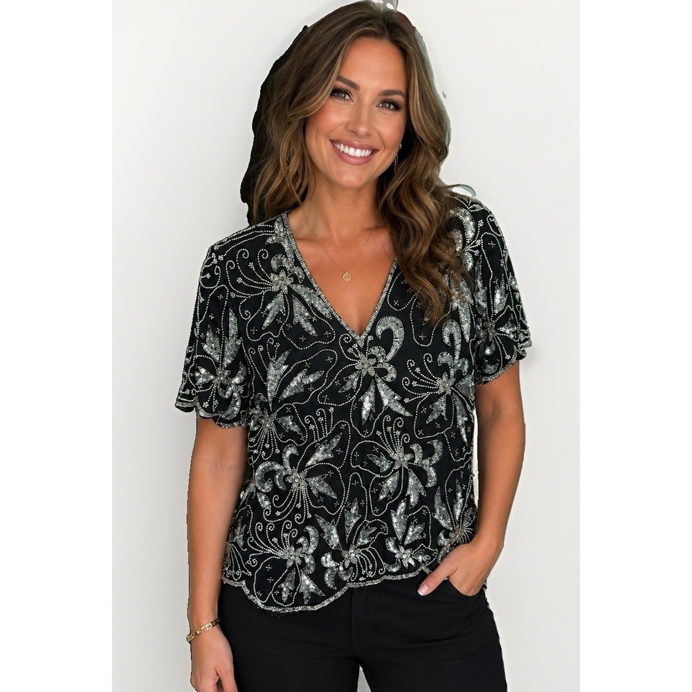 Vintage Papell Boutique Black Formal Beaded Evening Top with 100% Silk Lining